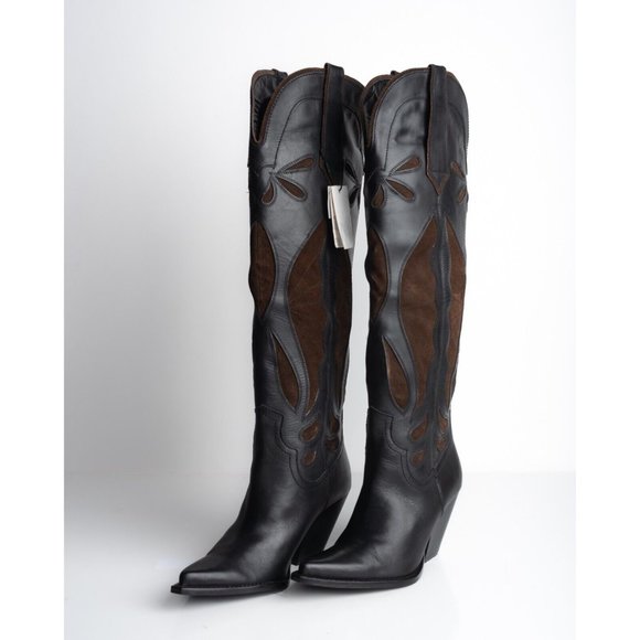 Zara Womens Cowboy Western Boots Knee High Suede Leather Black US